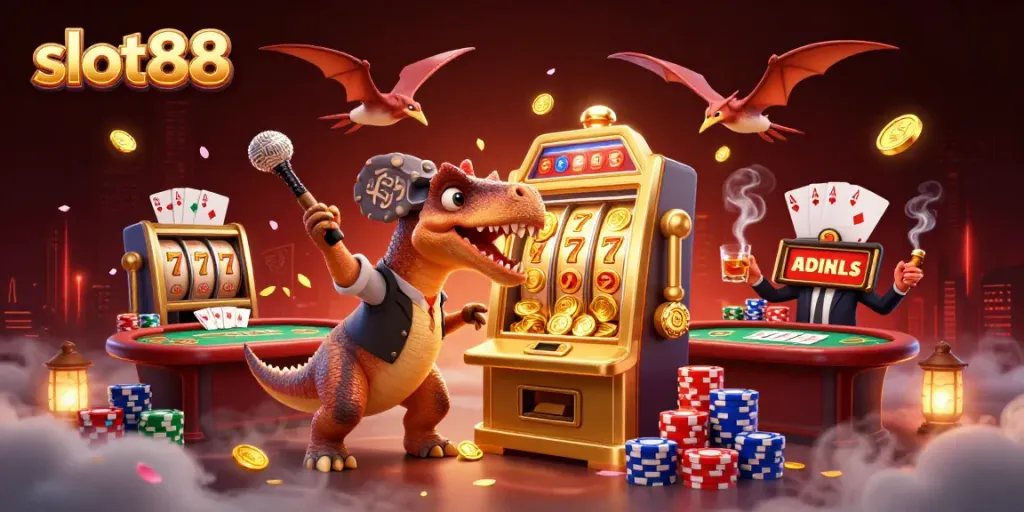Experience the thrill of slot88 as cartoon dinosaurs interact with a vibrant game scene.