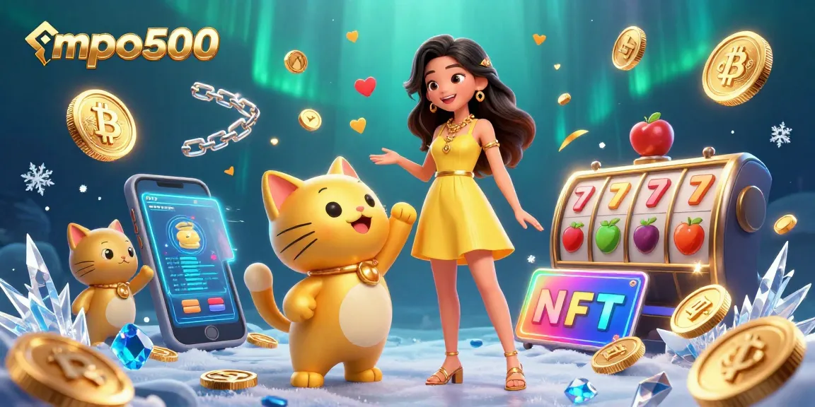 Join the excitement at mpo500 with a cheerful Asian woman and a lucky cat amidst vibrant casino elements.