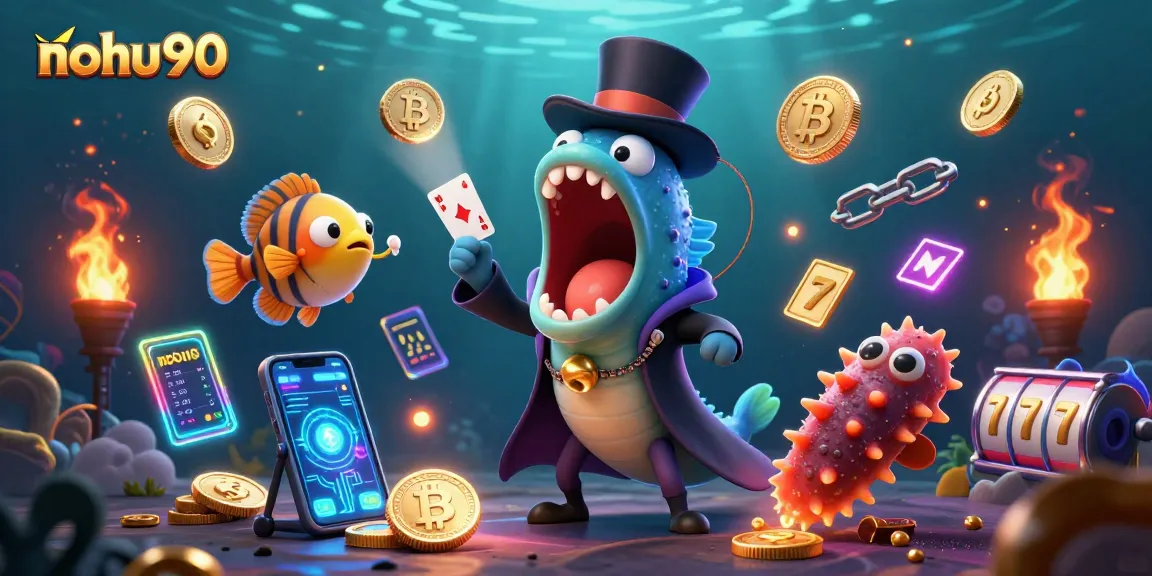 Nohu90 showcases a dynamic underwater casino scene with a magical eel performing card tricks and NFT coins floating around.