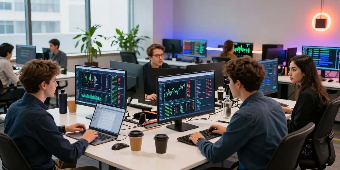 Cricbet99 trading scene featuring a collaborative workspace with monitors showing cryptocurrency analytics, DeFi interfaces, and trading strategies.