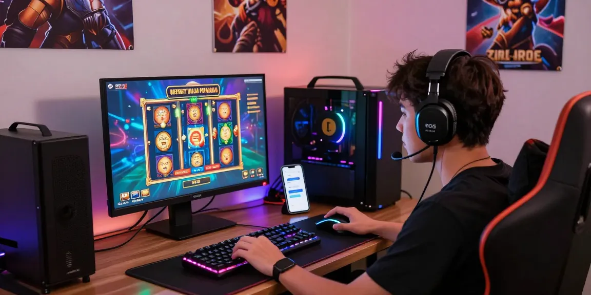 Player engaging in online gaming with deposit pulsa tanpa potongan on a vibrant screen, stylish gaming setup, and energetic atmosphere.