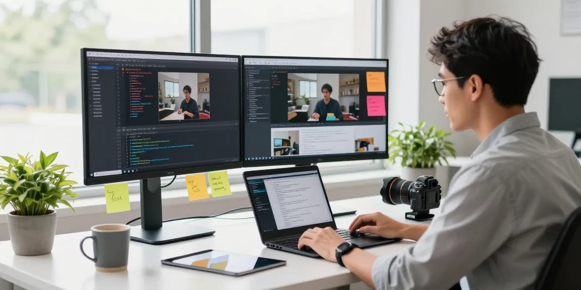 Dynamic tech workspace with a developer using video prompt ai tools for analysis and content creation.