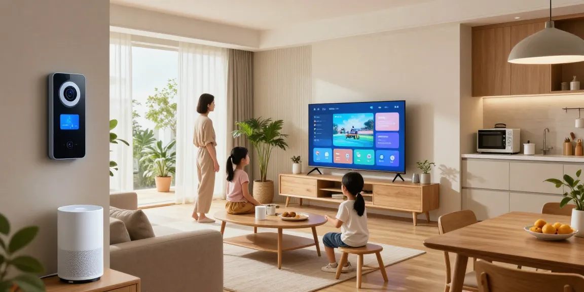 Family enjoying the best smart home gadgets 2026 in a modern living space, featuring voice assistant and smart security.
