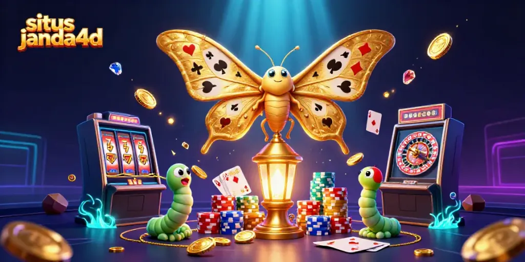 Mainkan permainan slot di situs janda4d dengan ilustrasi kasino berkilau yang penuh warna.