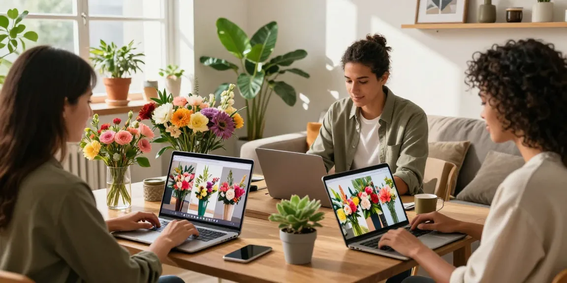 MODALWD online shopping experience with diverse users exploring floral arrangements in a cozy setting.