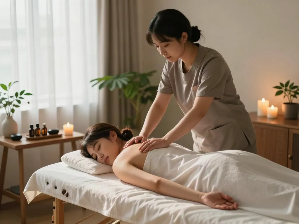 Relaxation during 오산출장마사지 in a serene home setting with candles and plants.