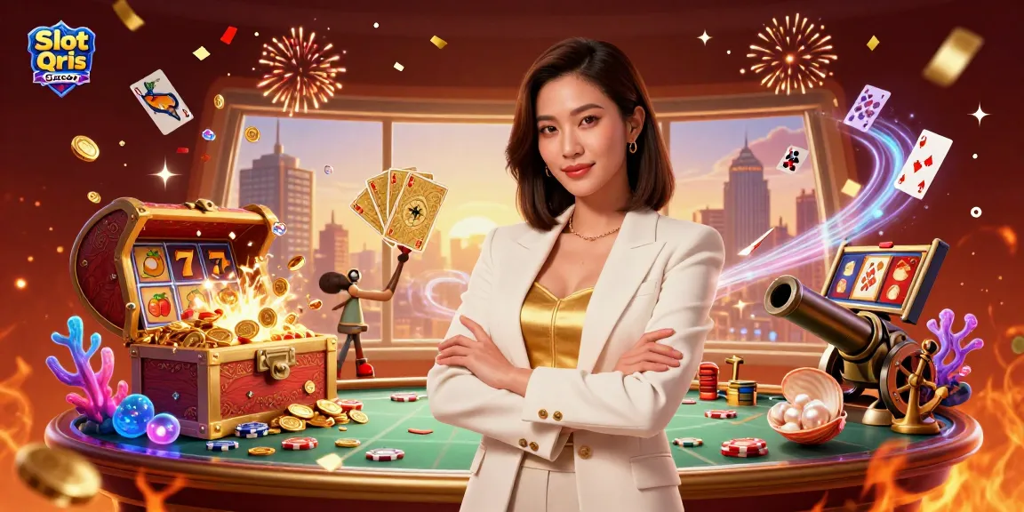Experience the thrill of Slot Qris Gacor with a powerful businesswoman amidst vibrant gambling elements.