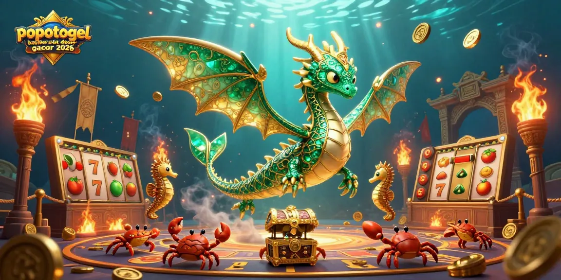Spin the reels with popotogel bandar slot demo gacor 2026, featuring a vibrant sea dragon and treasure chest.