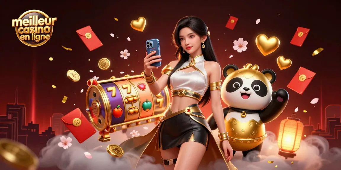 Vivez l'excitation du meilleur casino en ligne avec des jeux de machines à sous vibrants et une mascotte joyeuse dans une scène éblouissante et festive.