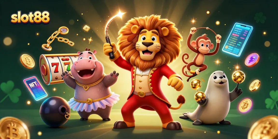 Experience the thrill of slot88 with a captivating circus scene featuring a lion, hippo, monkey, and seal.