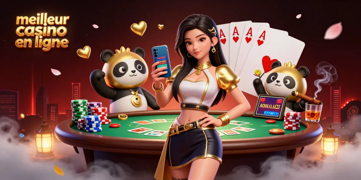 Vivez l'excitation au meilleur casino en ligne avec une femme élégante et un panda doré au milieu de l'excitation du poker.