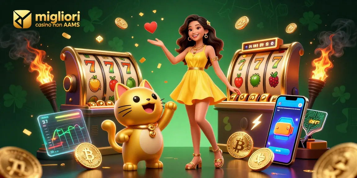Esplora i migliori casino non AAMS con una gioiosa donna asiatica e un gatto fortunato dei cartoni animati tra simboli vibranti.