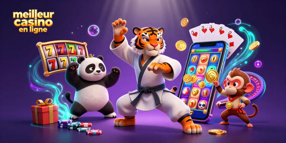 Vivez l'excitation du meilleur casino en ligne avec des personnages de kung-fu à côté de jeux de machines à sous vibrants.