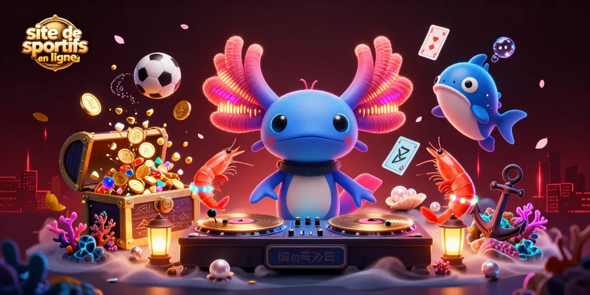 Pariez sur le site de paris sportifs en ligne avec un DJ axolotl 3D et des éléments dynamiques sous-marins.