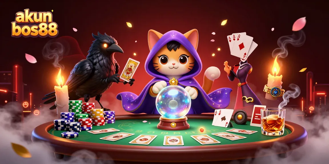 Experience the magic of akun bos88 with vibrant casino visuals, featuring a mystic cat and raven!