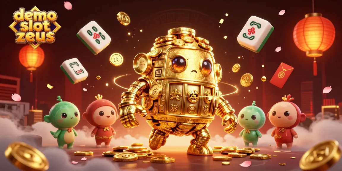 Play demo slot zeus with vibrant 3D visuals featuring a golden golem and festive gaming elements.