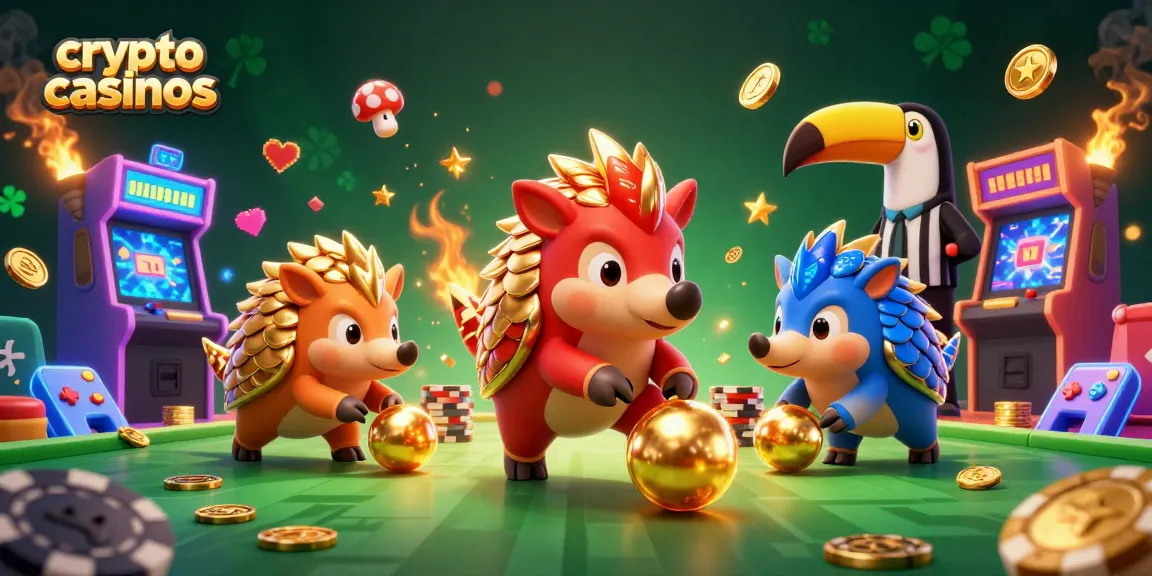 Jouer sur les crypto casinos avec des pangolins en compétition entourés de jeux et de symboles de chance.