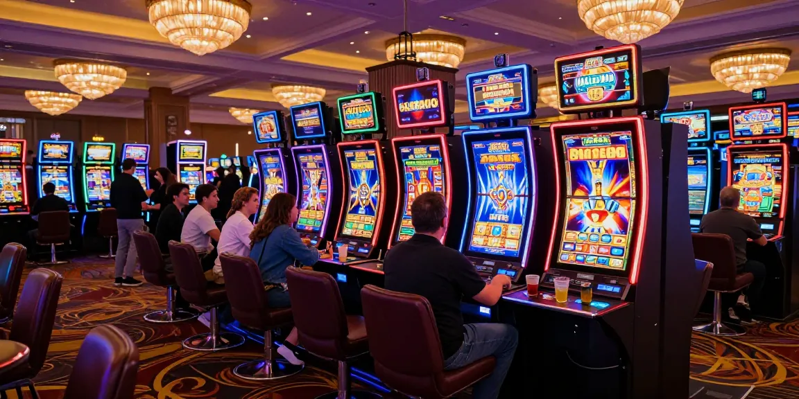 Pengalaman bermain slot di kasino dengan pemain gembira dan mesin slot berwarna-warni