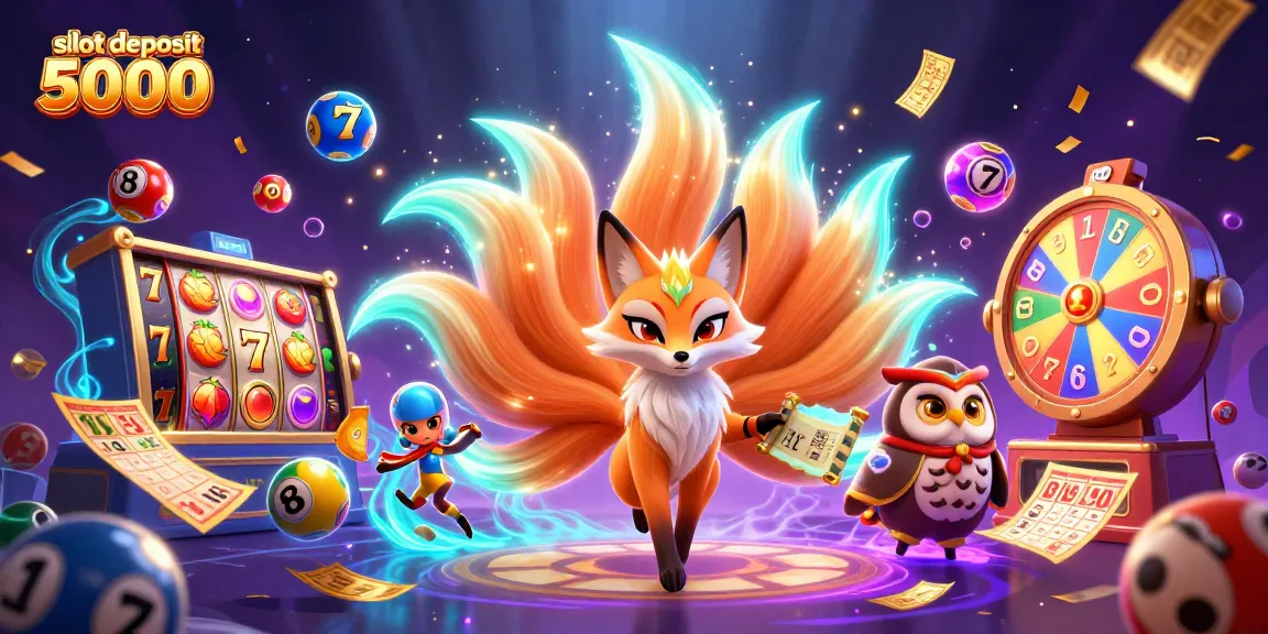 Slot deposit 5000 menghadirkan suasana menarik dengan simbol permainan slot yang berwarna-warni dan kegembiraan menang.