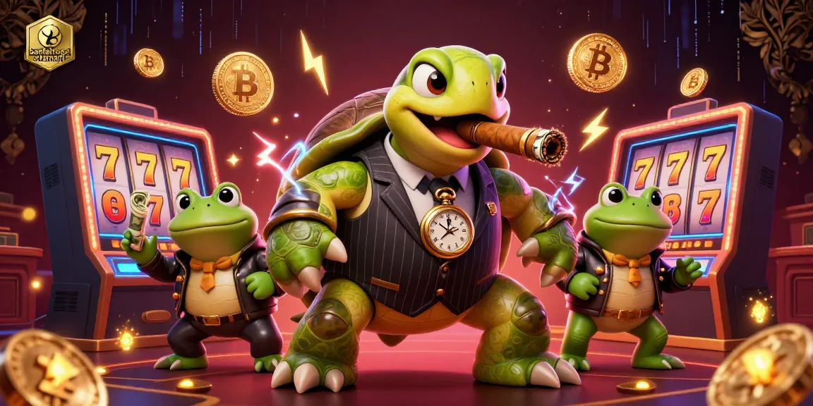 Bantaitogel alternatif showcases a vibrant casino scene with a snapping turtle and bullfrogs amidst dynamic slot games and crypto elements.