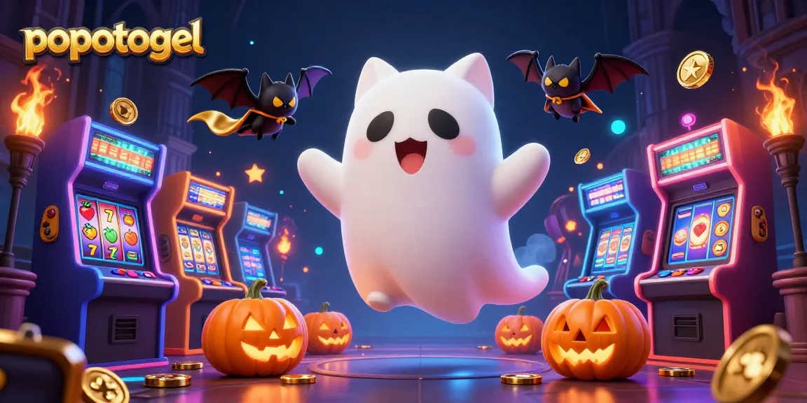 Experience popotogel's thrilling atmosphere with a ghost cat, bat, and glowing gaming elements!