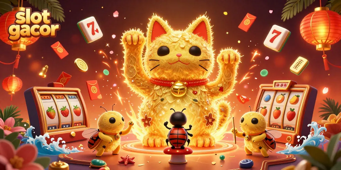 Experience the excitement of slot gacor with a vibrant lucky cat and dazzling casino symbols in this digital illustration.