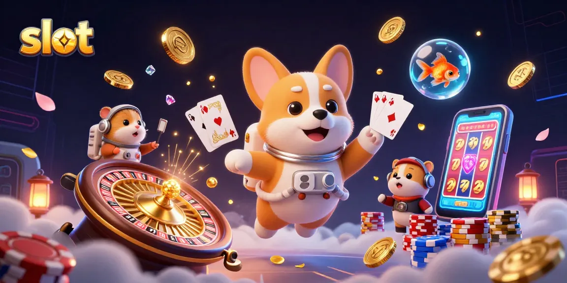 Spin the slot reels with vibrant characters in a cosmic casino, showcasing a playful astronaut corgi.