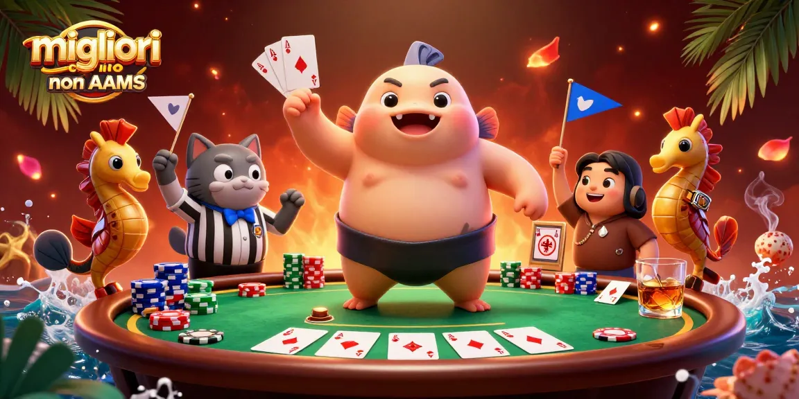 Scena coinvolgente che mostra i migliori casino non AAMS con un fumetto di fugu in un vivace ambiente di poker sottomarino.