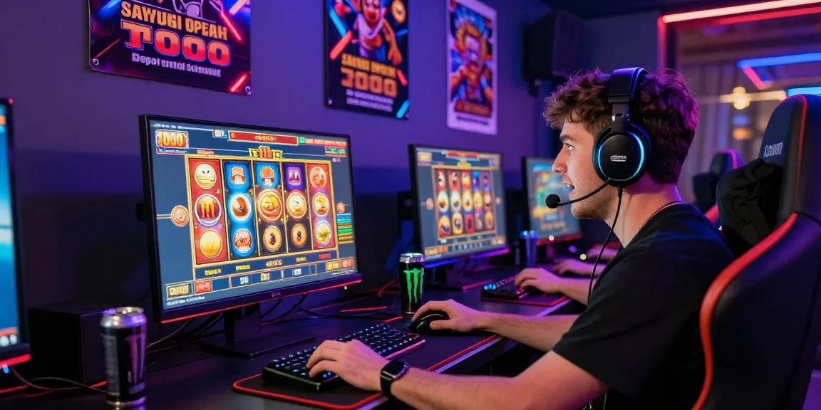 Dynamic gaming environment with player enjoying slot deposit 1000, vibrant lights, and immersive setup.