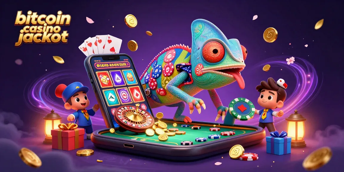 Engage with the bitcoin casino jackpot through lively chameleon character, slots, and gold coins.
