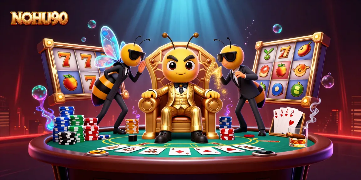Experience NOHU90's thrilling slots with a buzzing cartoon mob boss and exciting casino scenes.