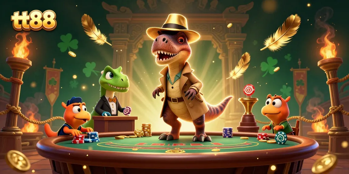tt88 themed casino scene featuring a velociraptor card counter and stegosaurus pit boss, engaging in dramatic gambling.