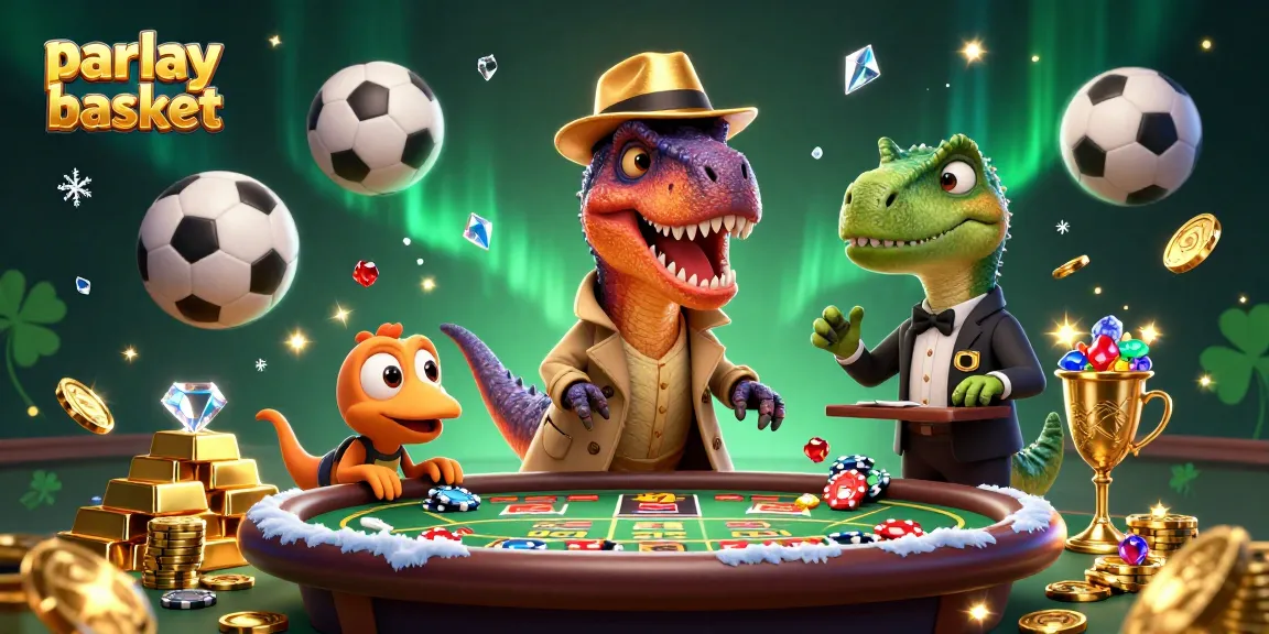 Bet big on parlay basket with a cartoon velociraptor card counter in action at a dynamic sports betting scene.
