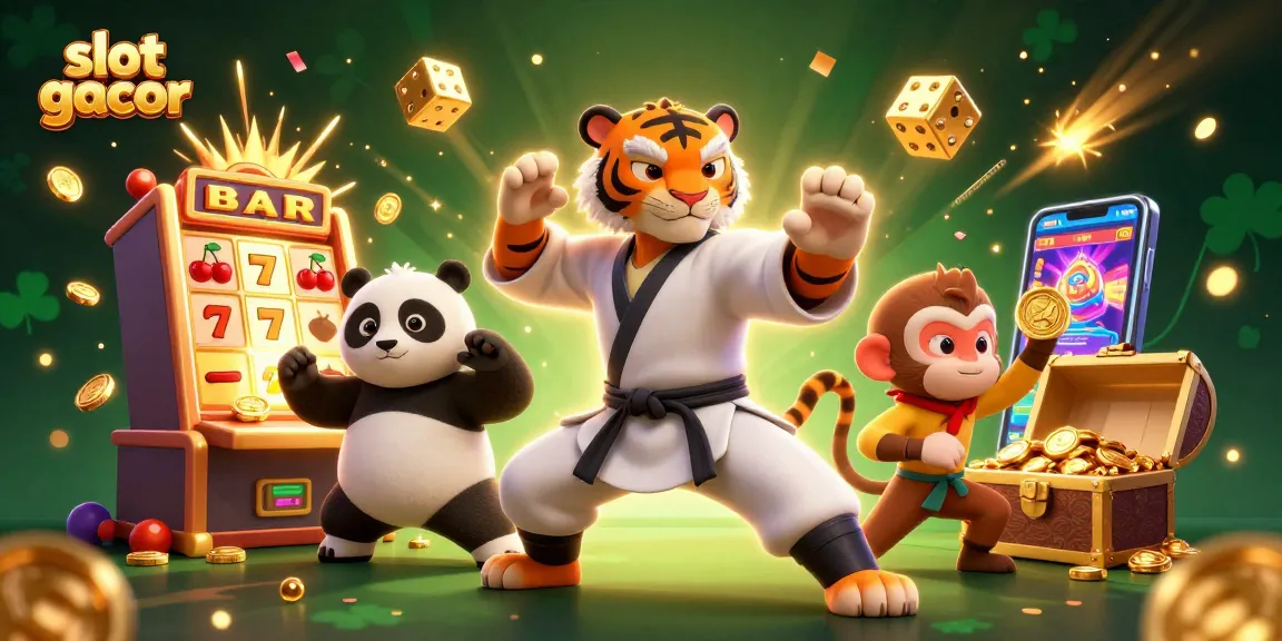 Engage with slot gacor gameplay featuring a masterful kung fu tiger amidst dynamic casino elements.