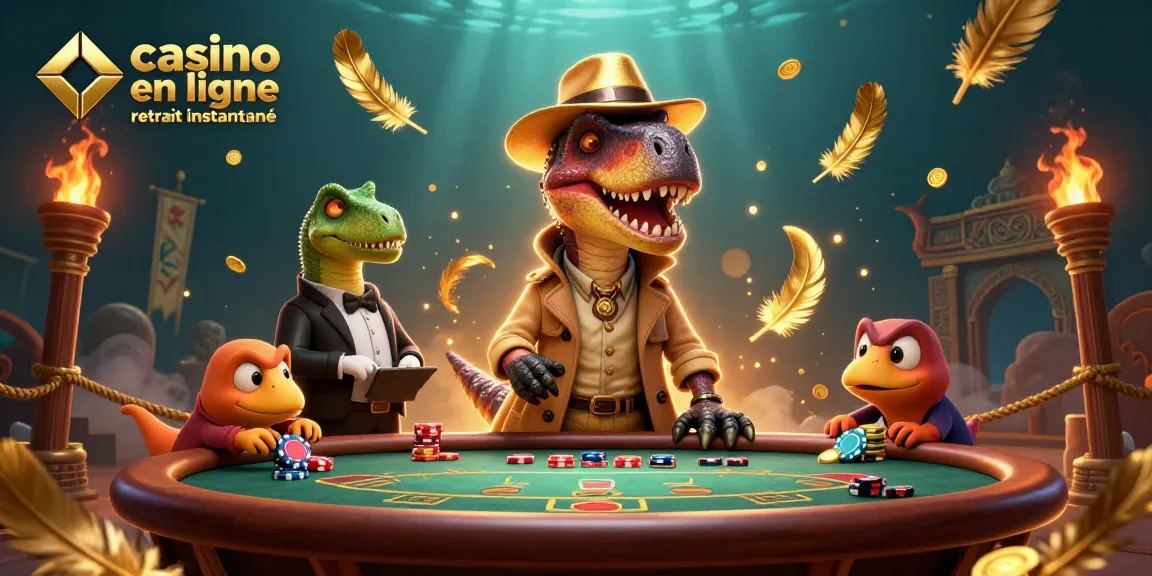 Casino en ligne retrait instantané avec un velociraptor comptant des cartes à une table de blackjack, ambiance de jeu immersive.