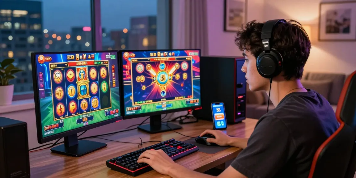 Player enjoying a slot depo 5k game at home with vibrant graphics and gaming setup.