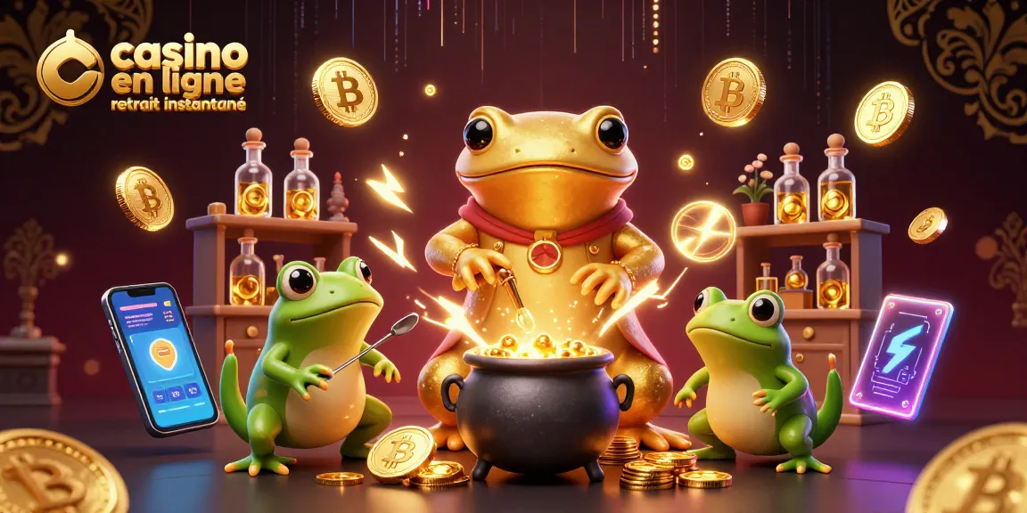 Jouez sur un casino en ligne retrait instantané avec une interface dynamique, un alchimiste doré et des pièces de crypto-monnaie.