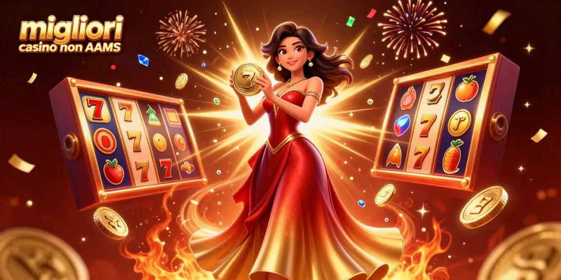 Scopri l'emozione dei migliori casino non AAMS con un'illustrazione 3D vibrante che presenta elementi di gioco dinamici e visual fantastiche.