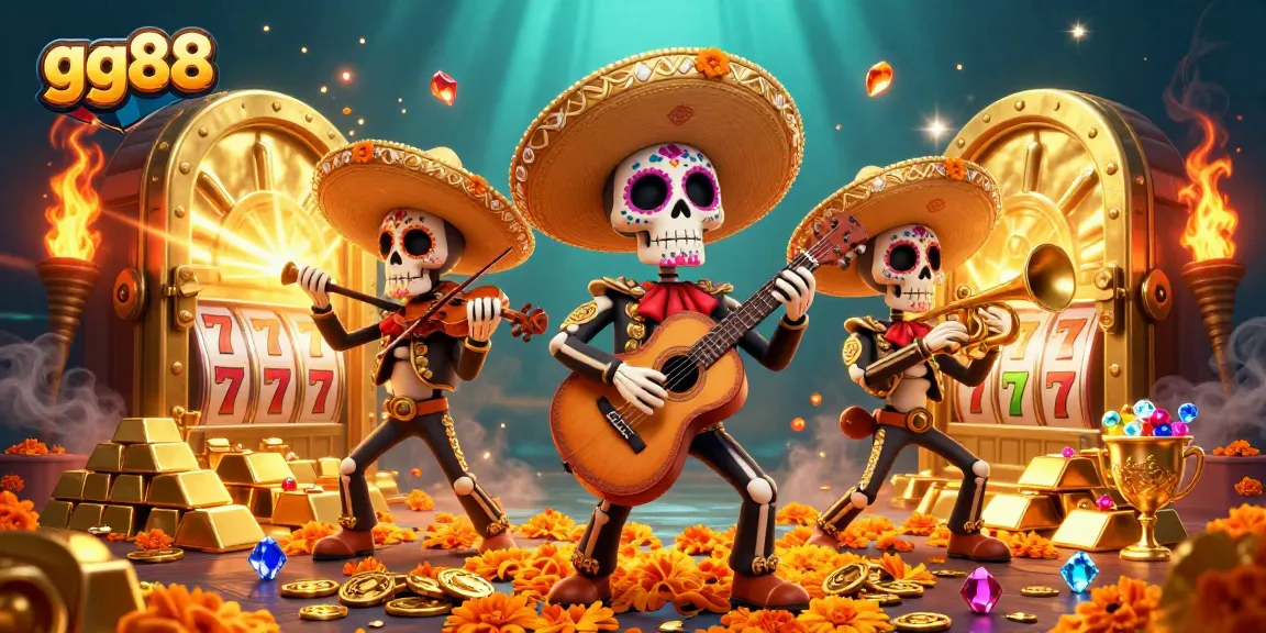 Experience thrilling gg88 action with a vibrant 3D illustration of a mariachi band amidst golden slots and treasures.