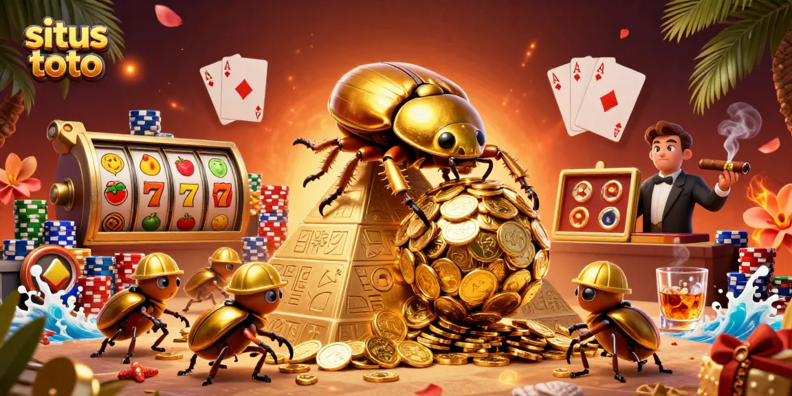 Experience thrilling situs toto gaming with vibrant slot reels and golden beetles! Play now!