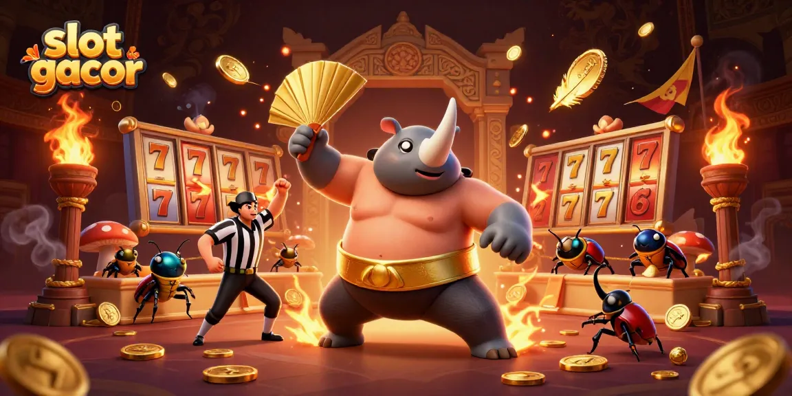 Engage with slot gacor themes as a rhinoceros beetle champion unleashes coins in a vibrant casino arena.