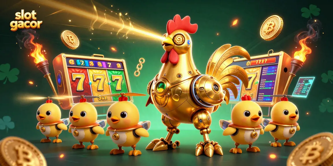 Engage with slot gacor games featuring a vibrant 3D scene of a golden rooster robot and baby chick drones.