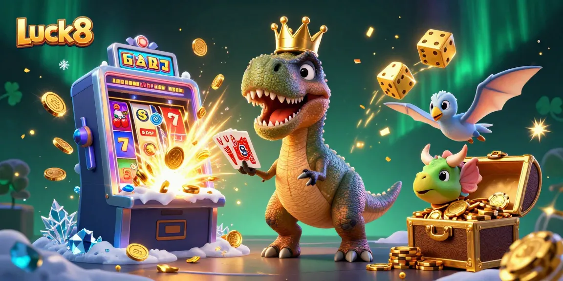 Luck8 casino scene showcasing a T-Rex and friends playing card games and gambling energetically.