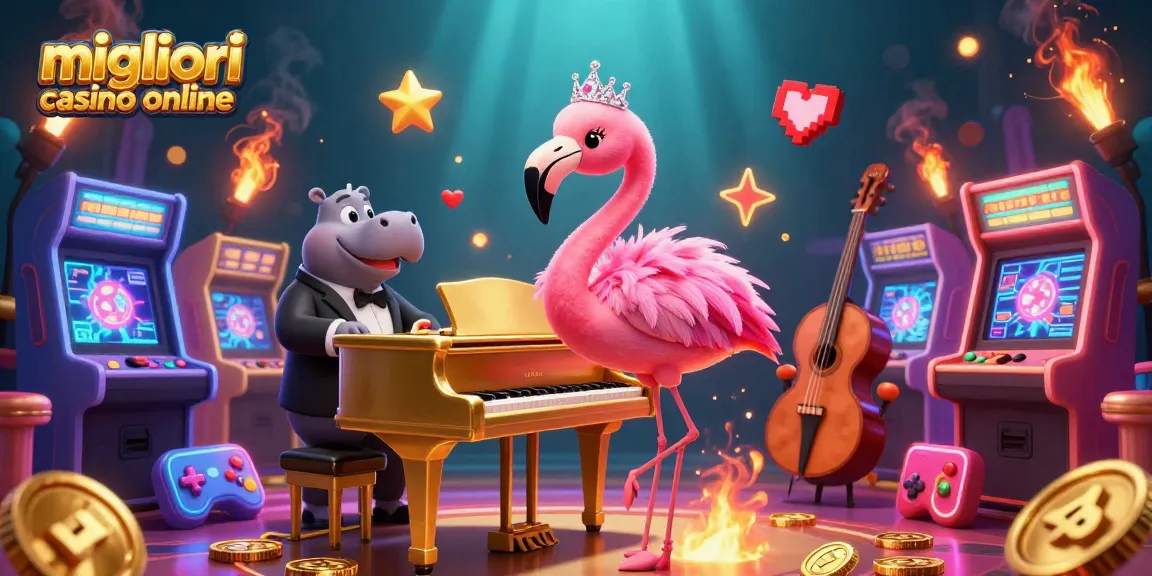 I migliori casino online inquadrati in una vivace scena 3D con personaggi interattivi musicali e giochi luminosi.