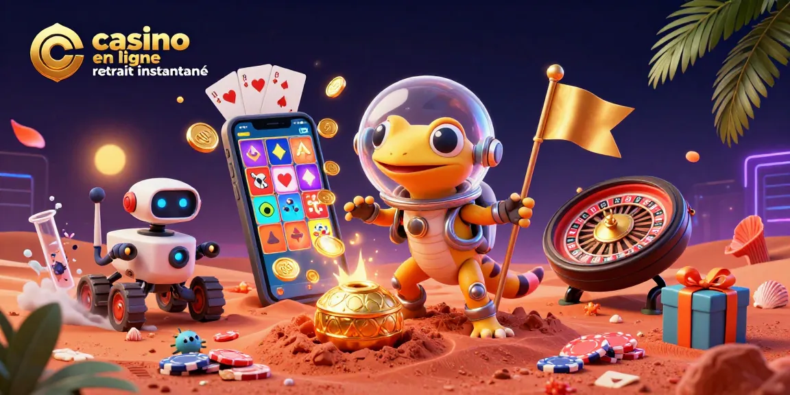 Illustration dynamique avec un gecko martien découvrant un casino en ligne retrait instantané sur Mars.