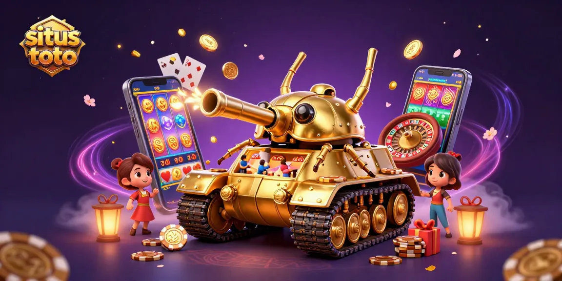 Engage with situs toto, featuring a colorful 3D casino scene with golden beetle tank and slot game.