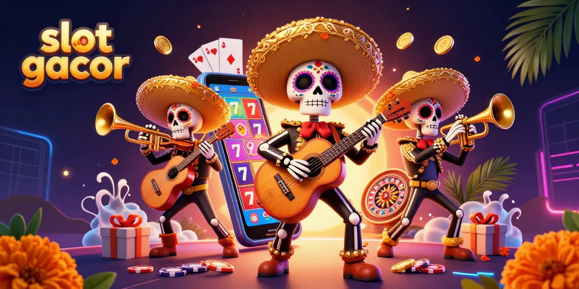 Spin and win with slot gacor in this vibrant 3D casino illustration featuring mariachi skeletons.