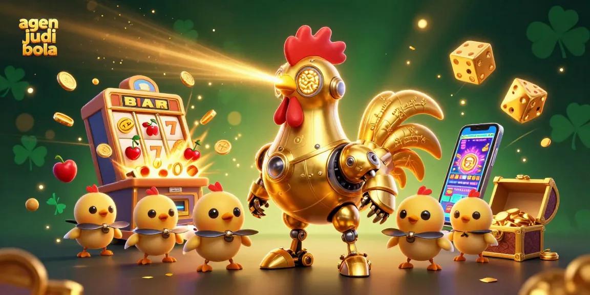 Engage with the thrilling action at agen judi bola illustrated by a rooster robot amid an explosion of gaming excitement.