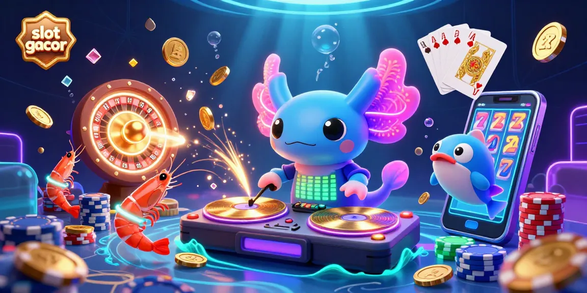 Immerse in lively slot gacor entertainment with an animated axolotl DJ and glowing casino elements.