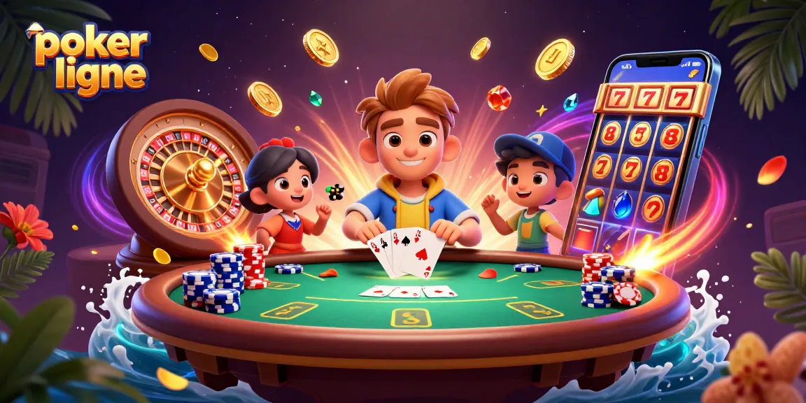 Jouez au poker en ligne avec des jetons colorés et des cartes gagnantes, attirant des gains éclatants.